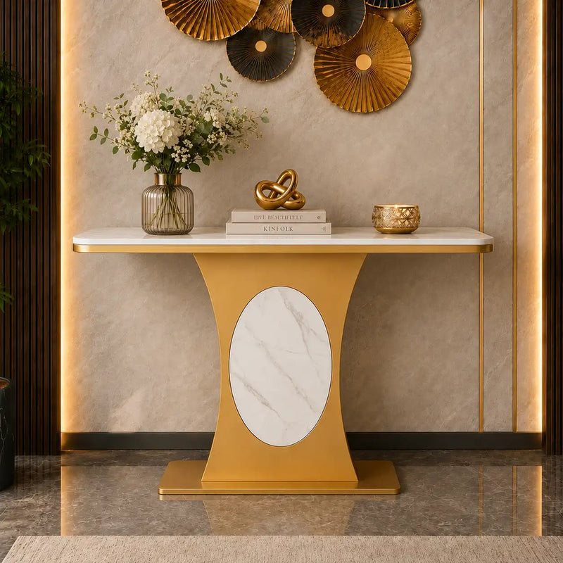 Modern Marble Console Table with Gold Base and Circular Marble Accent