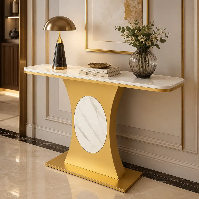 Modern Marble Console Table with Gold Base and Circular Marble Accent