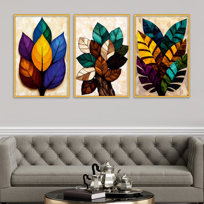 Modern Multicolor Leaves Canvas Wall Art Painting Set of Three