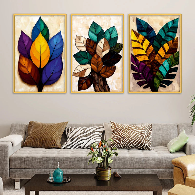 Modern Multicolor Leaves Canvas Wall Art Painting Set of Three