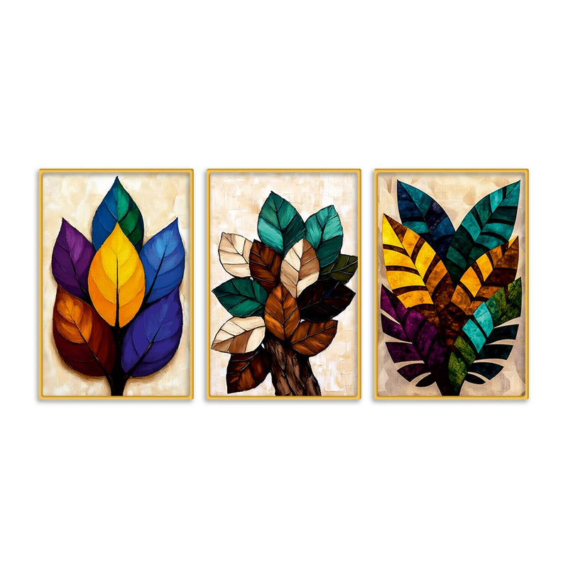 Modern Multicolor Leaves Canvas Wall Art Painting Set of Three