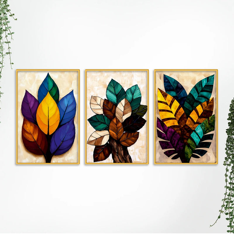 Modern Multicolor Leaves Canvas Wall Art Painting Set of Three