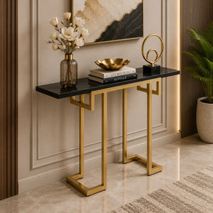 Modern Narrow Console Table with Gold Frame and Marble Top