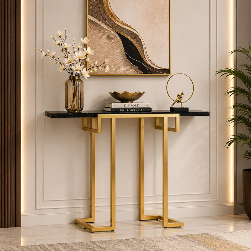 Modern Narrow Console Table with Gold Frame and Marble Top