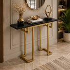 Modern Narrow Console Table with Gold Frame and Marble Top