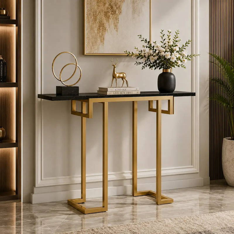 Modern Narrow Console Table with Gold Frame and Marble Top