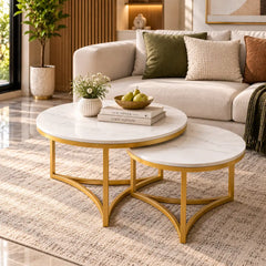 Modern Nesting Coffee Table Set of 2 with White Marble Top & Gold Metal Frame