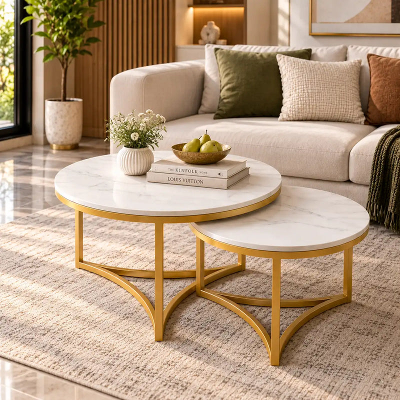 Modern Nesting Coffee Table Set of 2 with White Marble Top & Gold Metal Frame