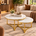 Modern Nesting Coffee Table Set of 2 with White Marble Top & Gold Metal Frame