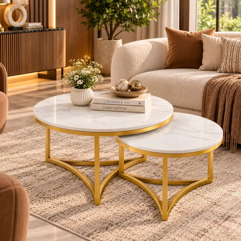 Modern Nesting Coffee Table Set of 2 with White Marble Top & Gold Metal Frame