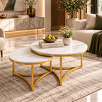 Modern Nesting Coffee Table Set of 2 with White Marble Top & Gold Metal Frame
