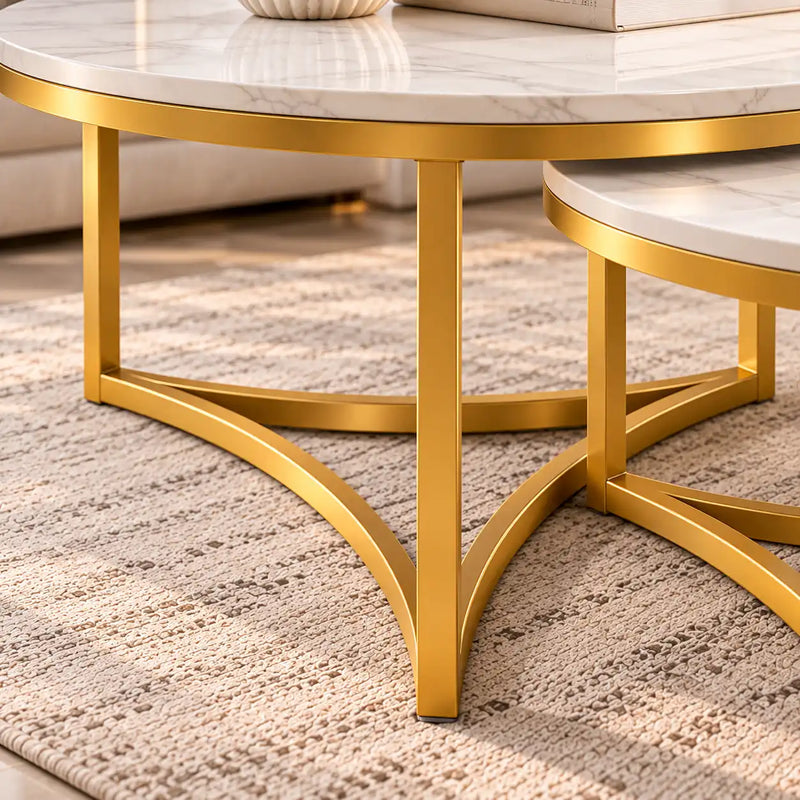 Modern Nesting Coffee Table Set of 2 with White Marble Top & Gold Metal Frame