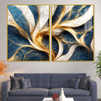 Modern Ocean Blue & Golden Marble Flow Acrylic Floating Wall Painting Set of 2