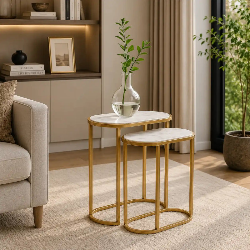 Modern Oval Marble Top Nesting Tables – Gold Finish