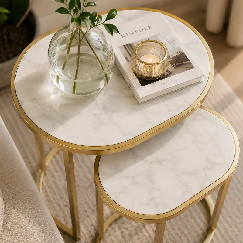 Modern Oval Marble Top Nesting Tables – Gold Finish