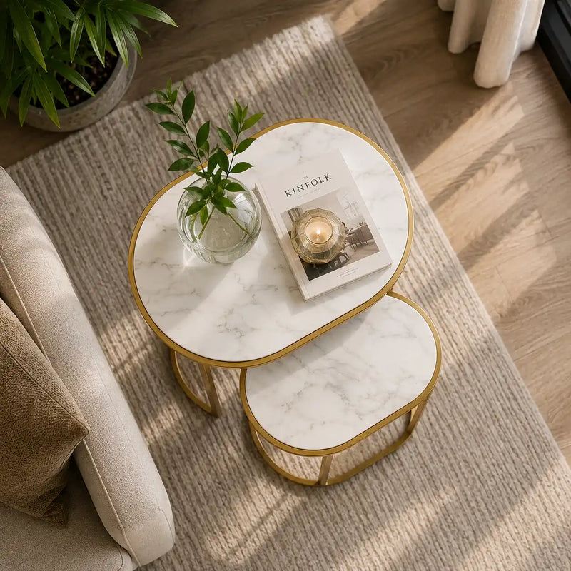Modern Oval Marble Top Nesting Tables – Gold Finish
