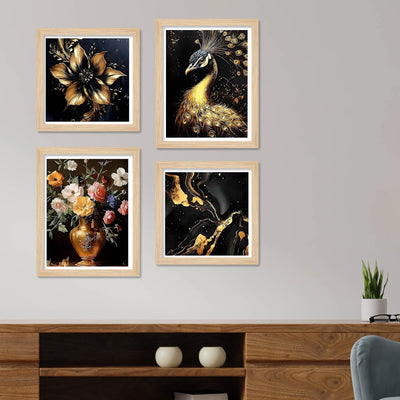 Modern Peacock and Floral Wall Art Frame Set of 4