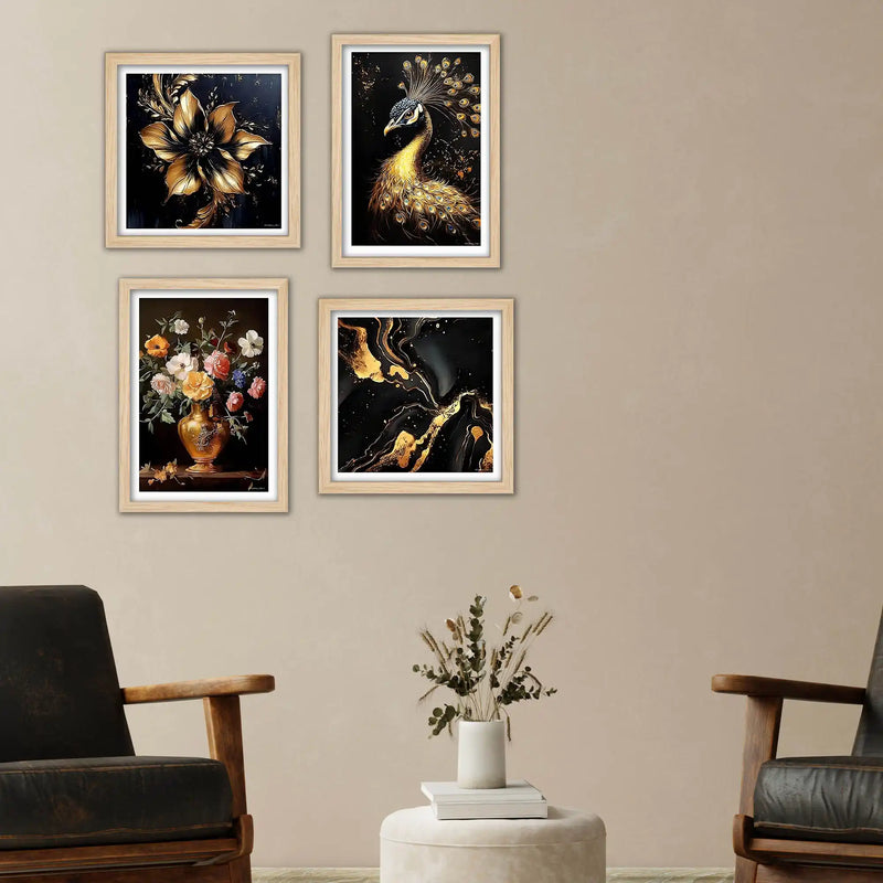 Modern Peacock and Floral Wall Art Frame Set of 4