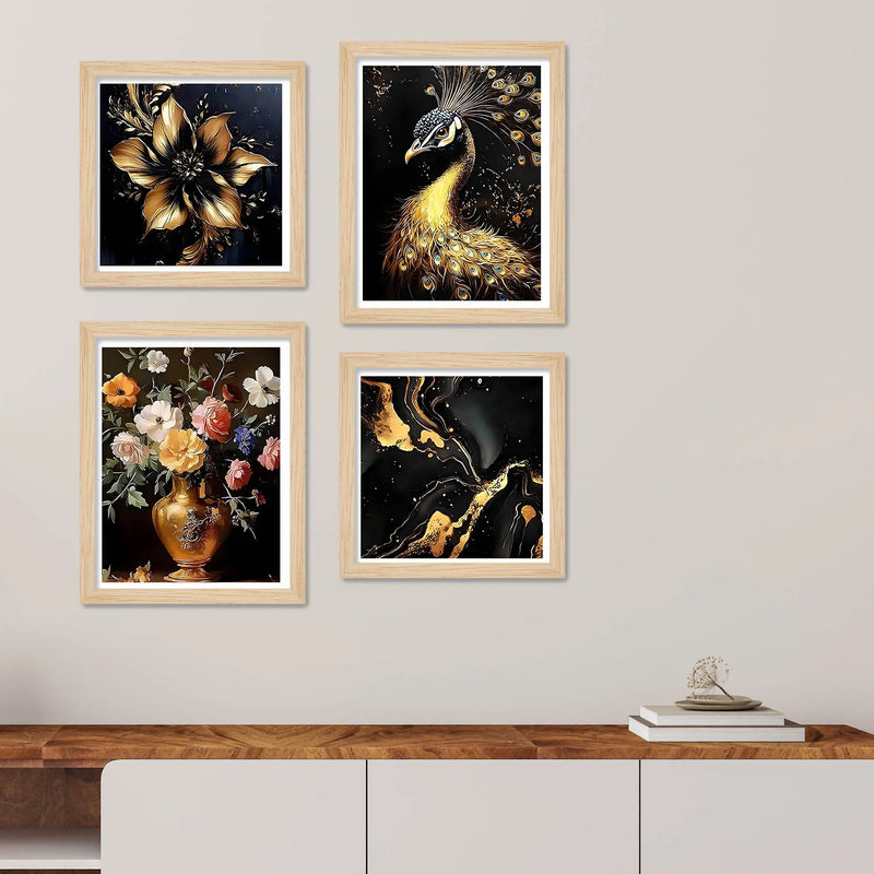 Modern Peacock and Floral Wall Art Frame Set of 4