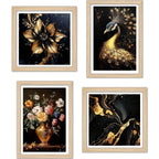Modern Peacock and Floral Wall Art Frame Set of 4