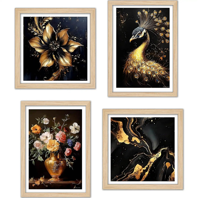 Modern Peacock and Floral Wall Art Frame Set of 4