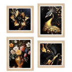 Modern Peacock and Floral Wall Art Frame Set of 4