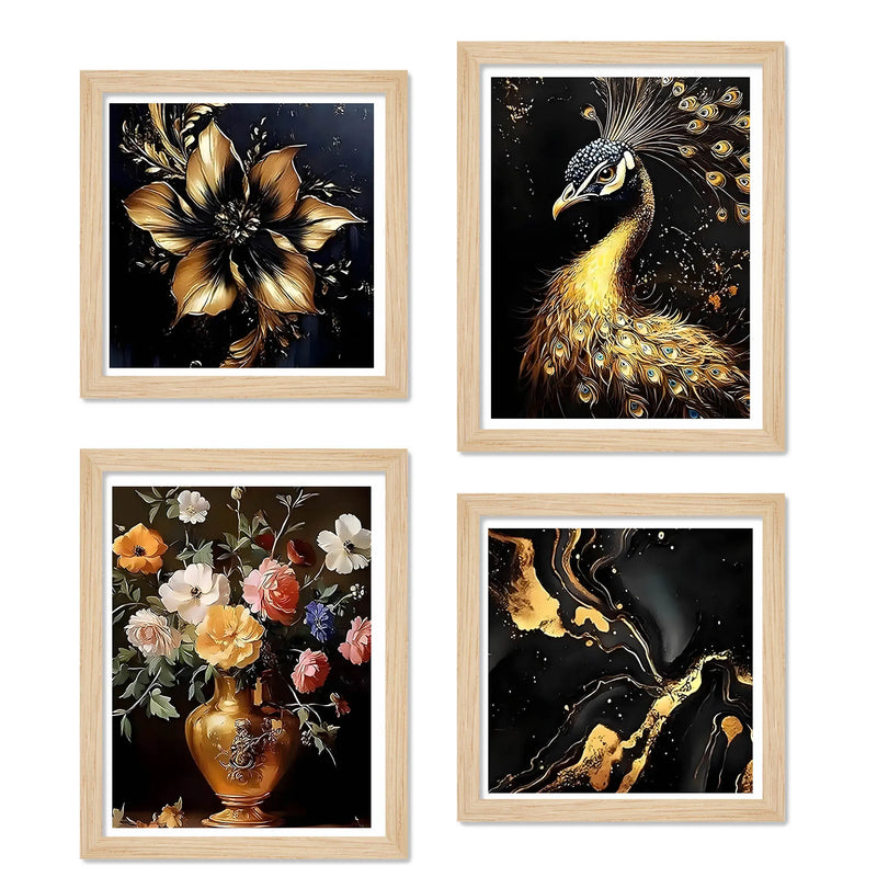 Modern Peacock and Floral Wall Art Frame Set of 4