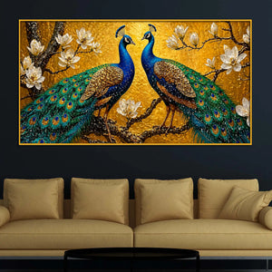 Modern Peacock Pair Floating Frame Crystal Wall Painting for Home Decor