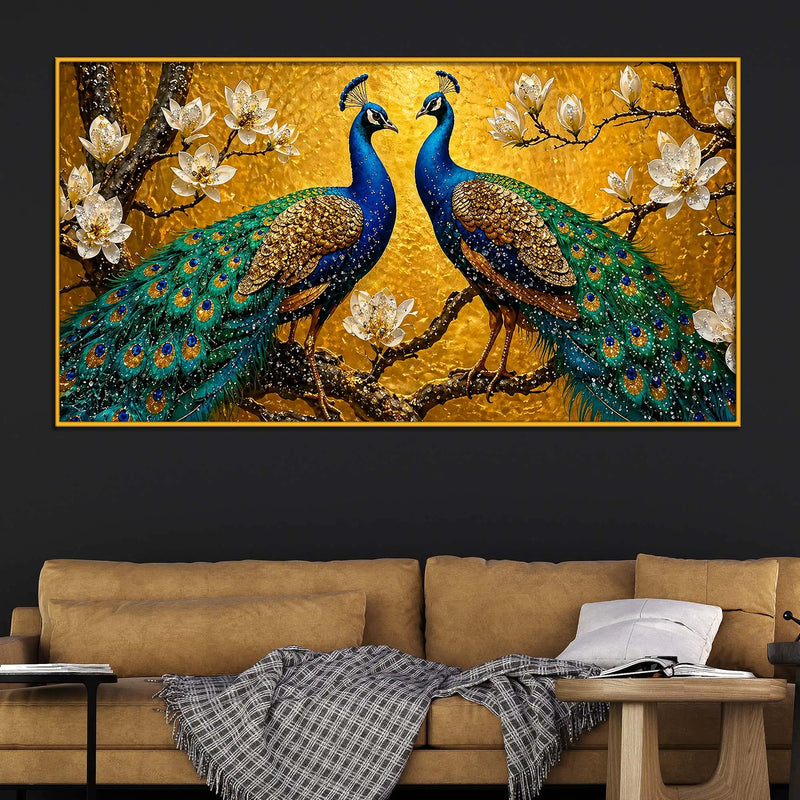 Modern Peacock Pair Floating Frame Crystal Wall Painting for Home Decor