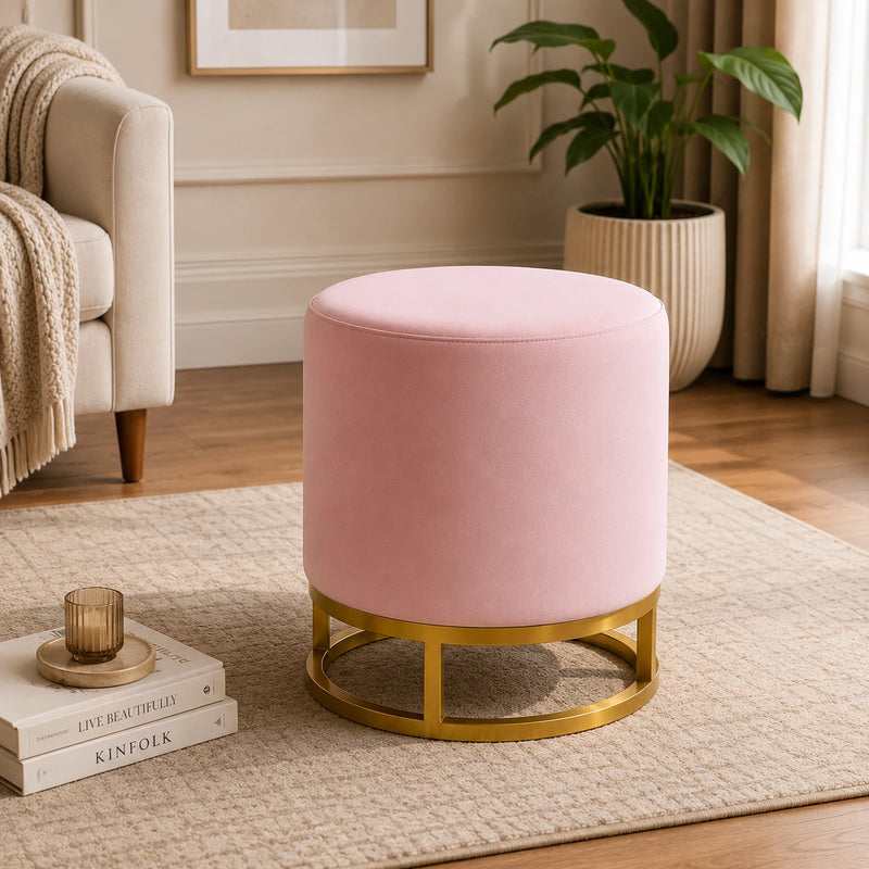 Modern Pink Accent Stool with Brass Golden Finish Metal Frame