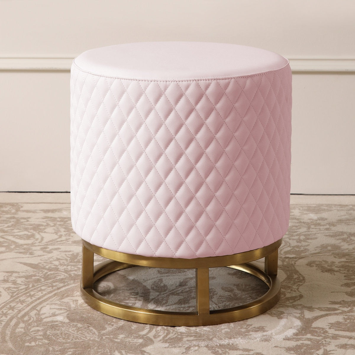 Modern Pink Accent Stool with Brass Golden Finish Metal Frame