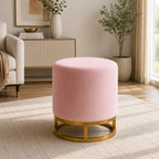 Modern Pink Accent Stool with Brass Golden Finish Metal Frame