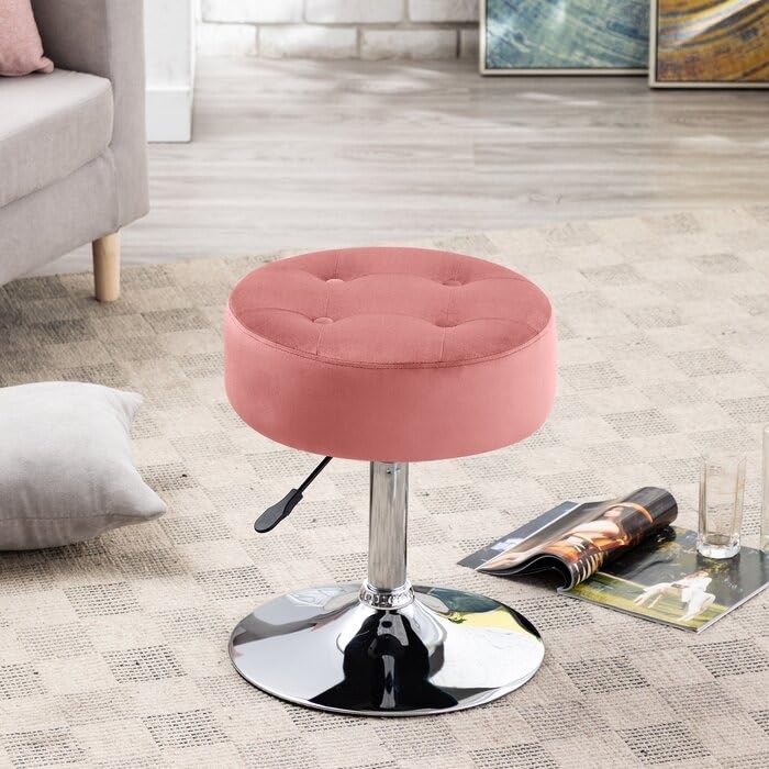 Modern Pink Adjustable Vanity Stool with Tufted Cushion