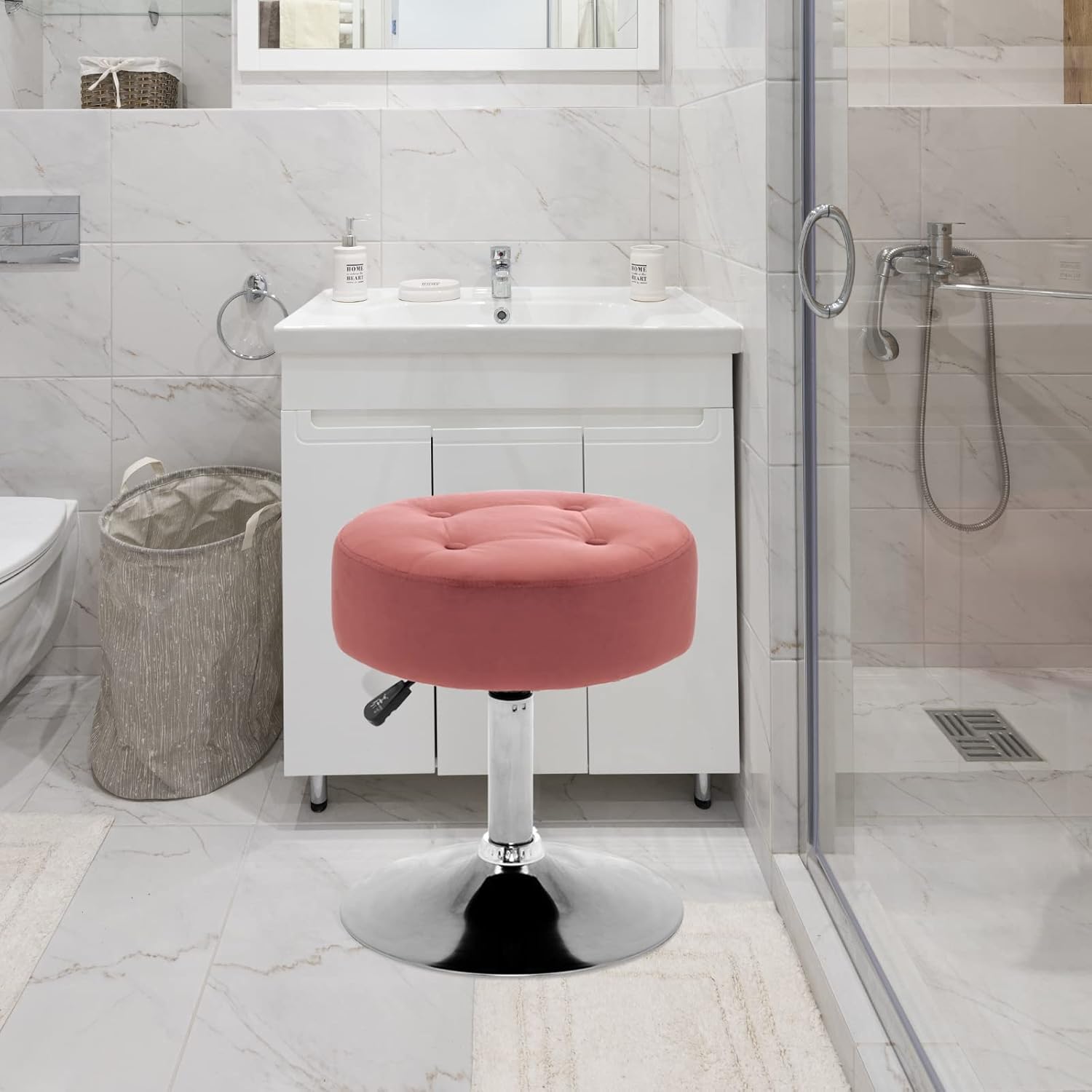 Modern Pink Adjustable Vanity Stool with Tufted Cushion