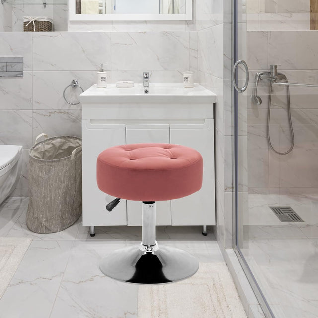 Modern Pink Adjustable Vanity Stool with Tufted Cushion