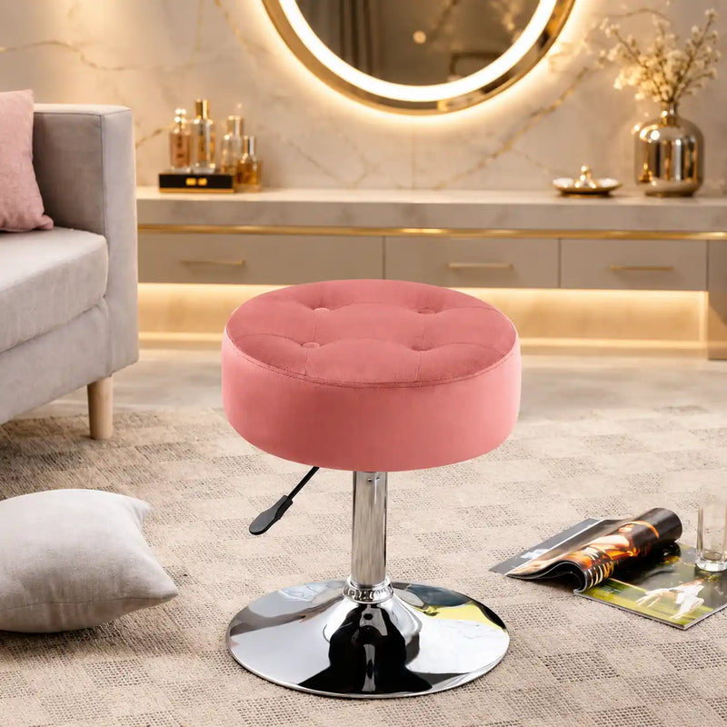 Modern Pink Adjustable Vanity Stool with Tufted Cushion