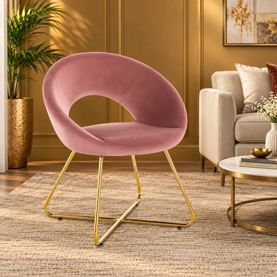 Modern Pink Velvet Accent Chair with Curved Open Back & Gold Metal Frame