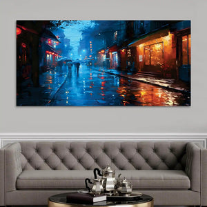Modern Rainy Night Street Canvas Painting for Elegant Interiors