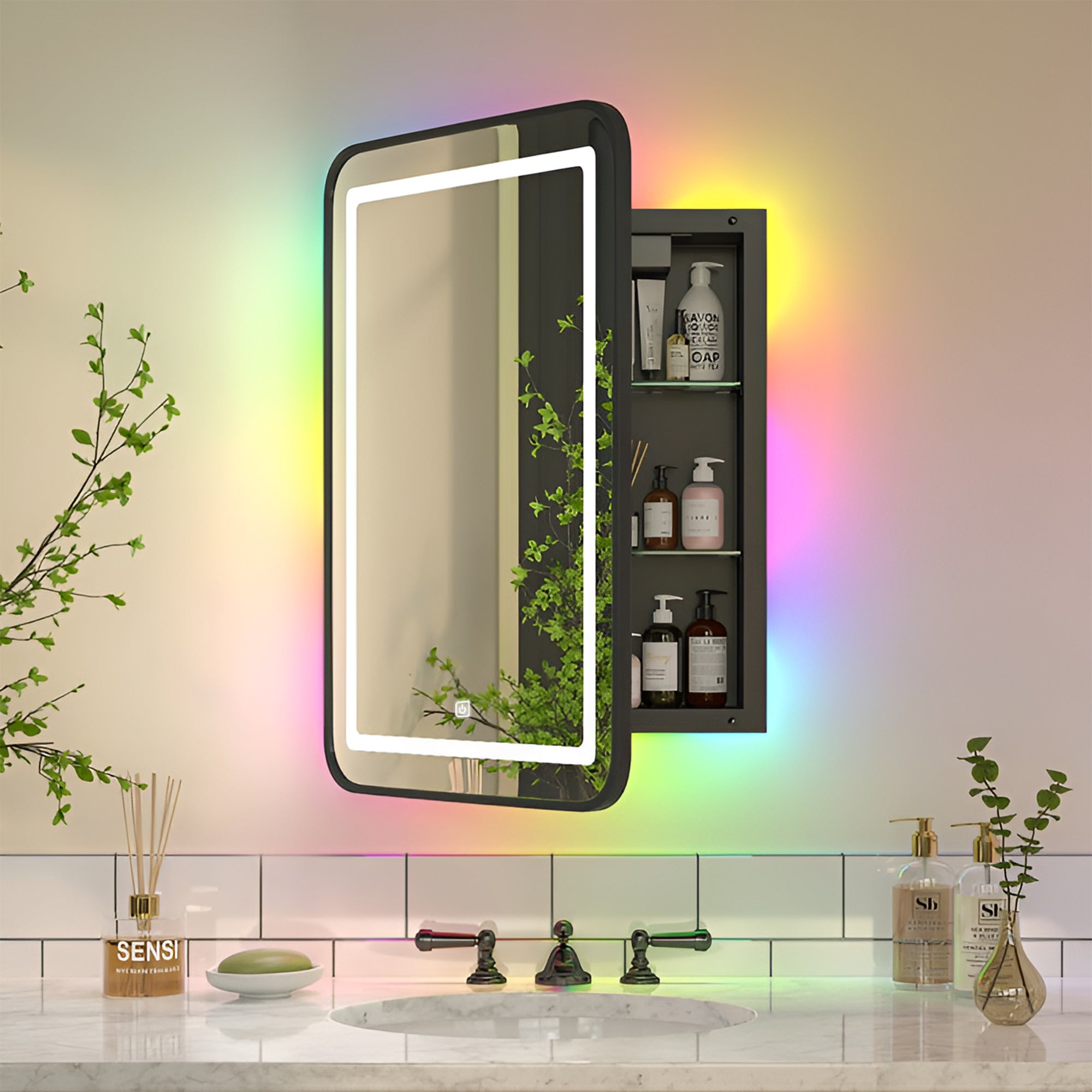 Modern RGB Mirror Cabinet with Ambient Glow and Storage