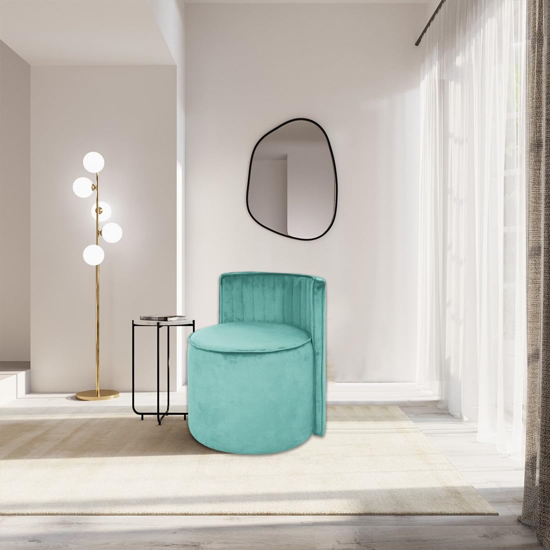 Modern Round Back Upholstered Ottoman Chair with Soft Pastel Aqua Velvet Finish
