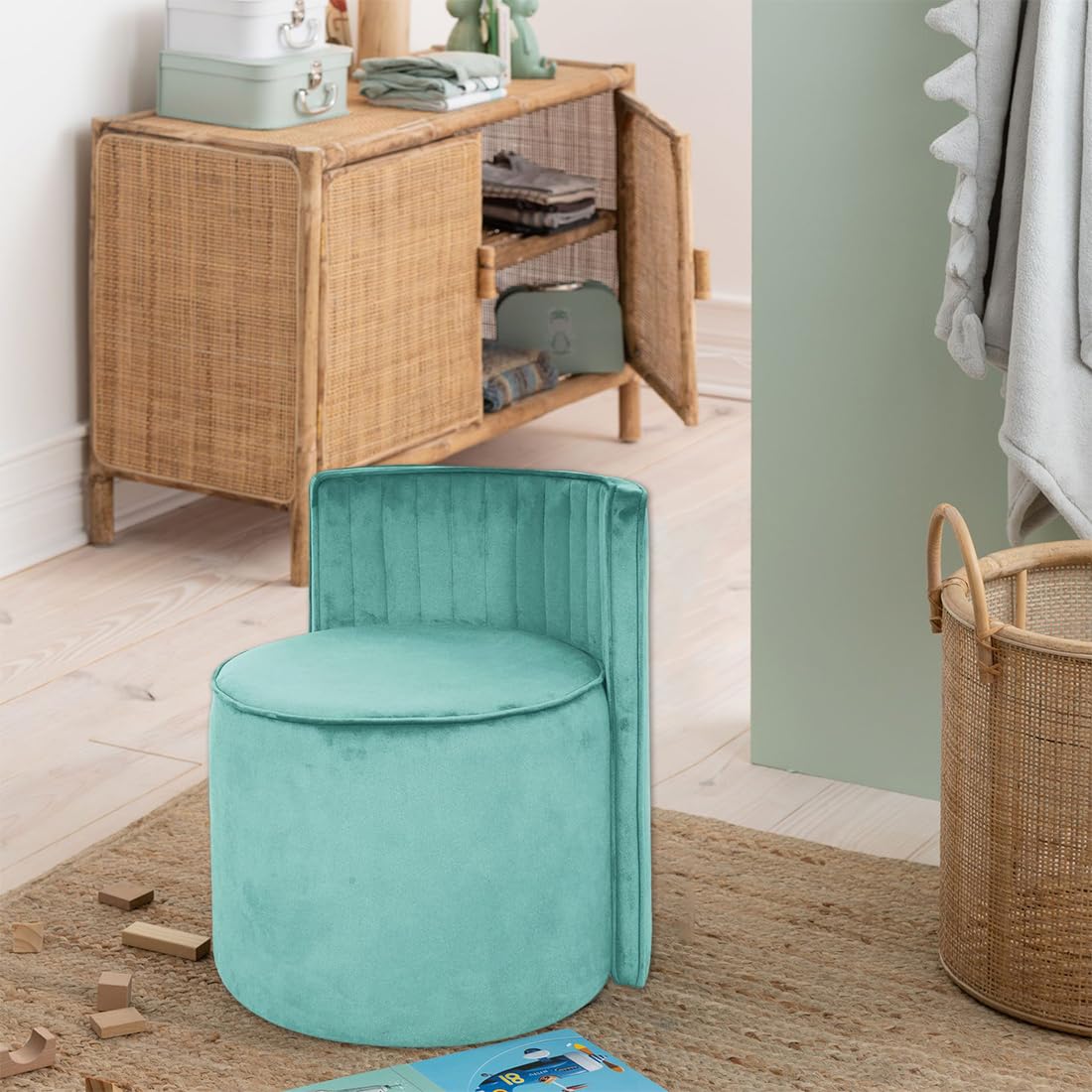 Modern Round Back Upholstered Ottoman Chair with Soft Pastel Aqua Velvet Finish