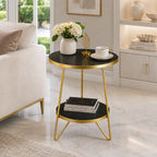 Modern Round Black Marble Side Table with Shelf