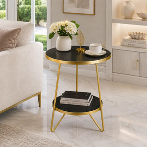 Modern Round Black Marble Side Table with Shelf