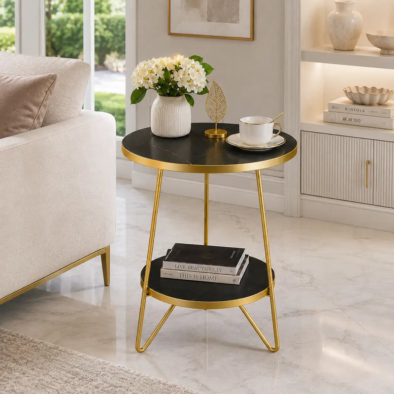 Modern Round Black Marble Side Table with Shelf