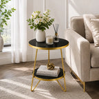 Modern Round Black Marble Side Table with Shelf