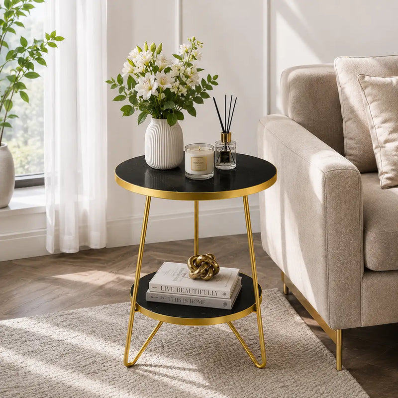 Modern Round Black Marble Side Table with Shelf
