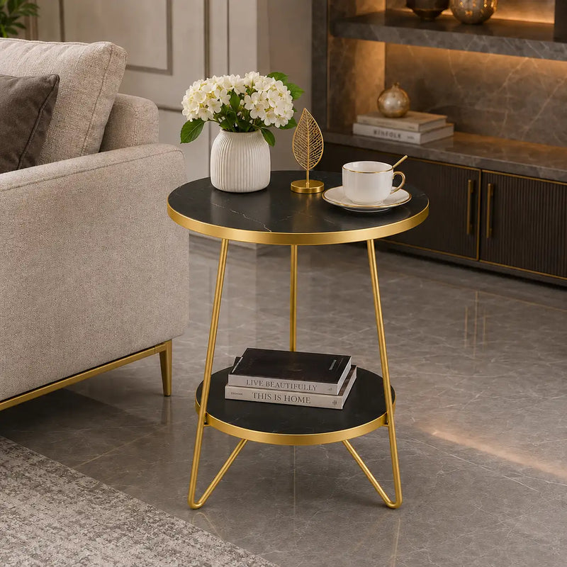 Modern Round Black Marble Side Table with Shelf