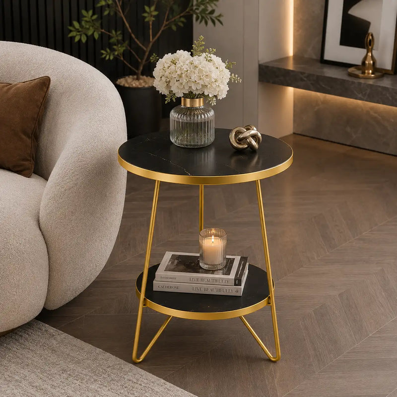 Modern Round Black Marble Side Table with Shelf