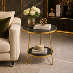 Modern Round Black Marble Side Table with Shelf