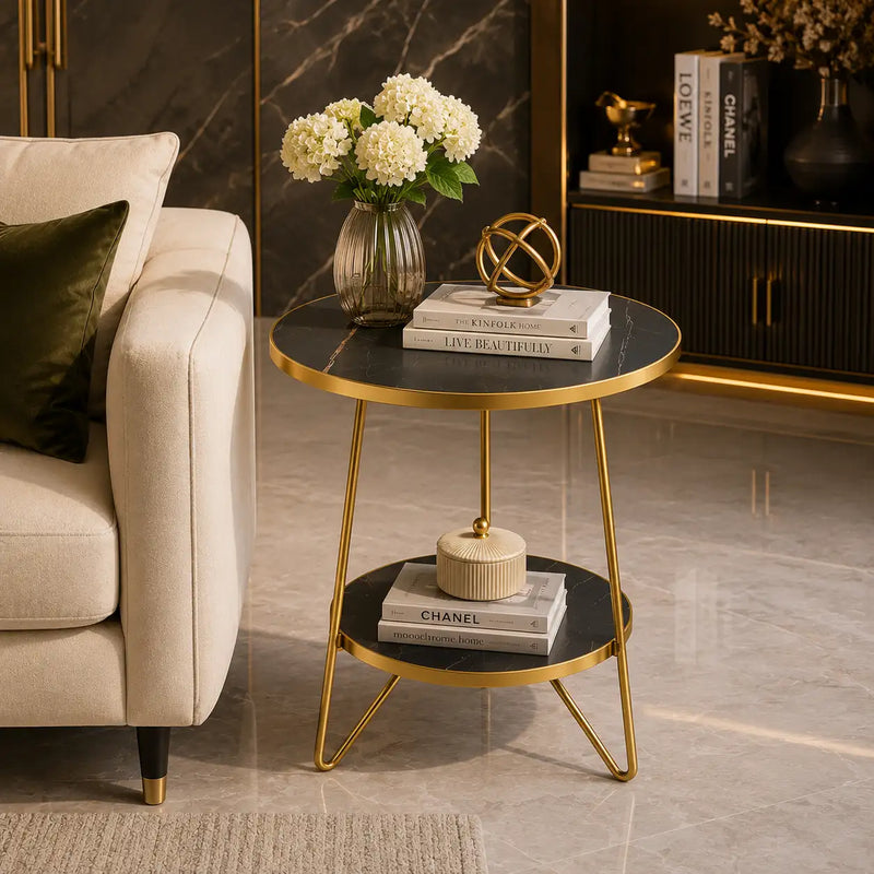 Modern Round Black Marble Side Table with Shelf